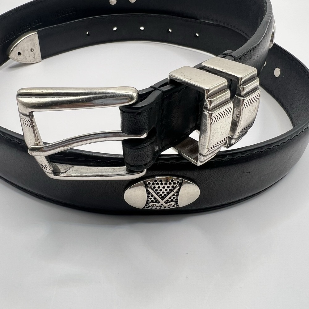 Top Grain Oil Tan Leather Golf Belt 36 Black Silver Tone Concho Hardware Dad